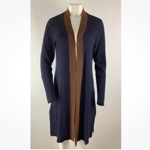 Eileen Fisher Sz M Lightweight Duster Cardigan Blue Brown Trim Tencel Silk
